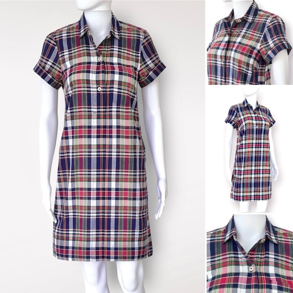 J CREW 100% Cotton Shirt Dress Madras Plaid Short Rolled Sleeve Chest Pocket - Picture 1 of 11